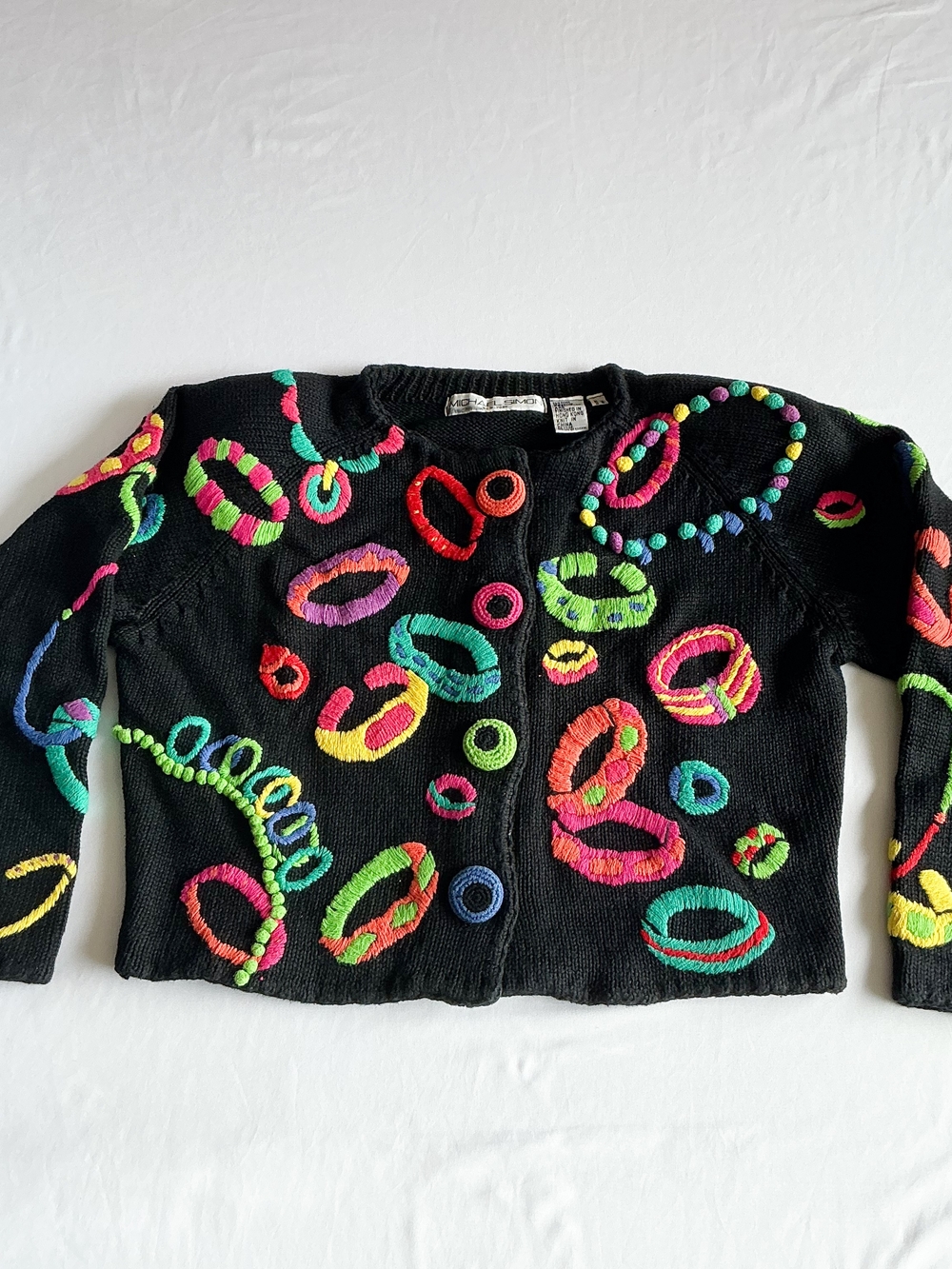 Vintage Michael Simon Embroidered Rings Black Cardigan Sweater Women One Size/Lg